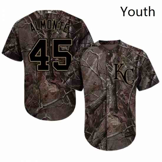 Youth Majestic Kansas City Royals 45 Abraham Almonte Authentic Camo Realtree Collection Flex Base MLB Jersey